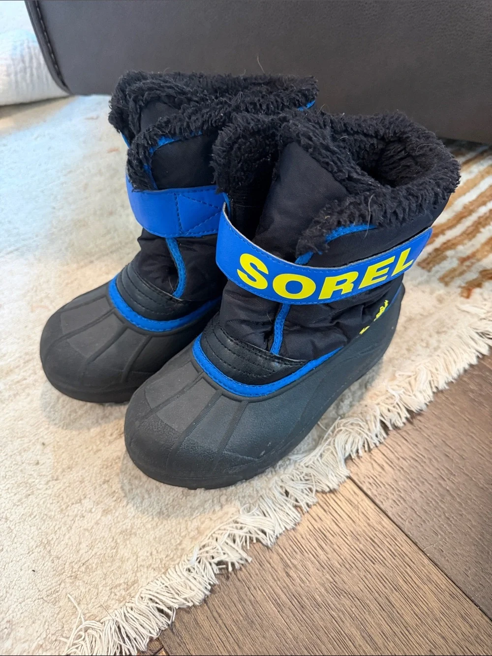 Sorel Kids Black and Blue Waterproof Snow Boots with Yellow Logo